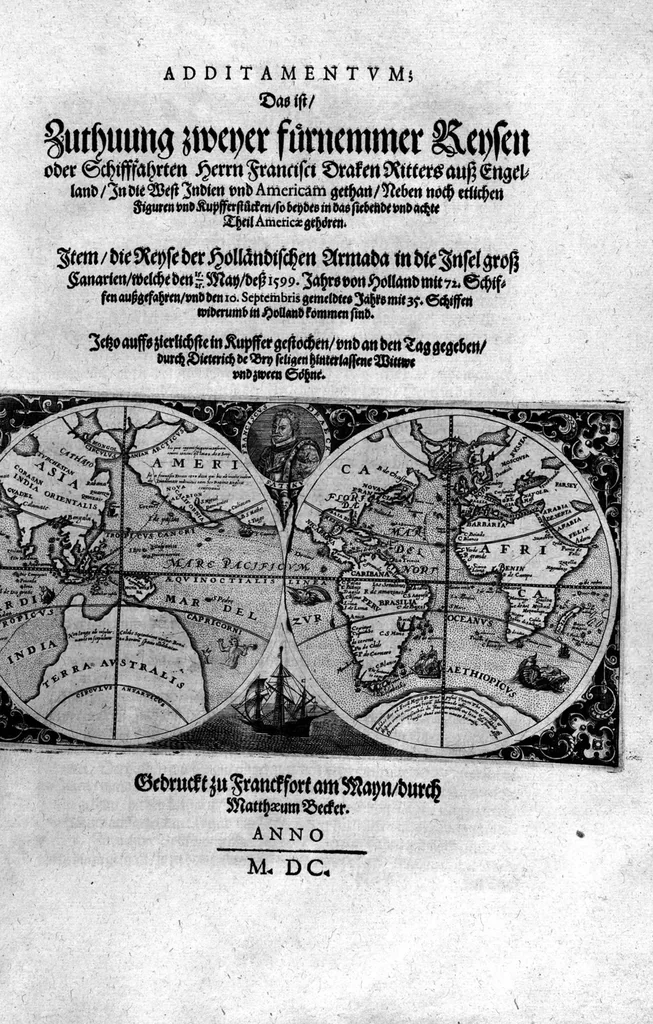 An illustration from Additamentvm; das ist, Zuthuung zweyer fürnemmer Reysen ... Herrn Francisci Draken ... in die West Indien vnd Americam gethan : neben noch etlichen Figuren ... so beydes in das siebende vnd achte Theil Americae gehören. Item, die Reyse der holländischen Armada in die Insel Gross Canarien , welche ... 1599 ... von Holland ... ausgefahren, 1600, leaf 2