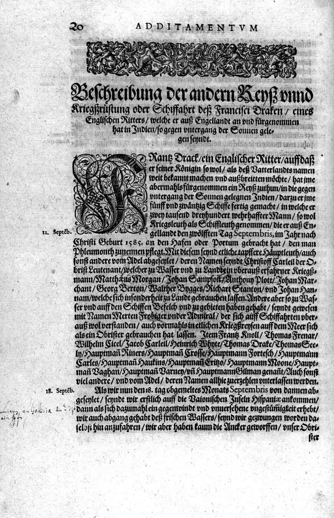 An illustration from Additamentvm; das ist, Zuthuung zweyer fürnemmer Reysen ... Herrn Francisci Draken ... in die West Indien vnd Americam gethan : neben noch etlichen Figuren ... so beydes in das siebende vnd achte Theil Americae gehören. Item, die Reyse der holländischen Armada in die Insel Gross Canarien , welche ... 1599 ... von Holland ... ausgefahren, 1600, leaf 21