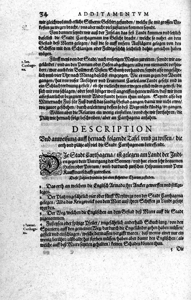 An illustration from Additamentvm; das ist, Zuthuung zweyer fürnemmer Reysen ... Herrn Francisci Draken ... in die West Indien vnd Americam gethan : neben noch etlichen Figuren ... so beydes in das siebende vnd achte Theil Americae gehören. Item, die Reyse der holländischen Armada in die Insel Gross Canarien , welche ... 1599 ... von Holland ... ausgefahren, 1600, leaf 35