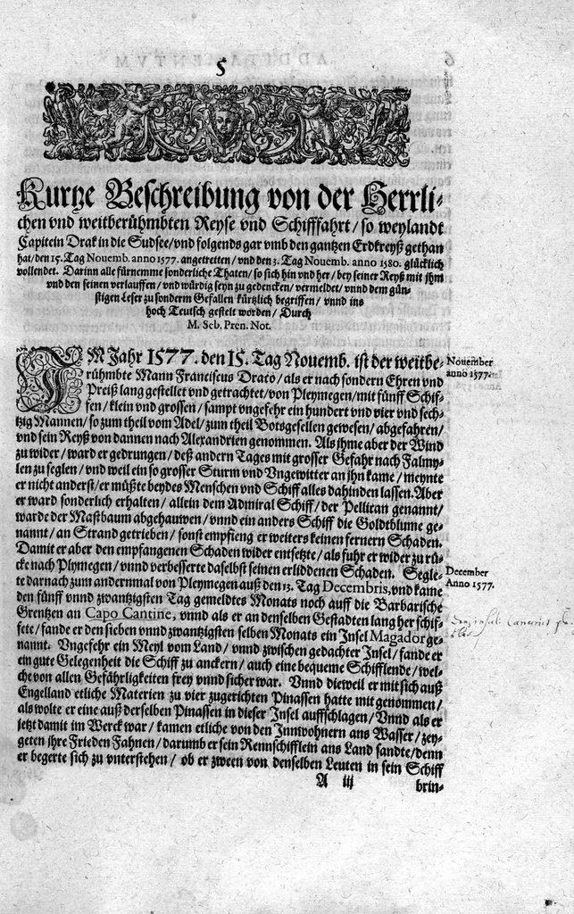 An illustration from Additamentvm; das ist, Zuthuung zweyer fürnemmer Reysen ... Herrn Francisci Draken ... in die West Indien vnd Americam gethan : neben noch etlichen Figuren ... so beydes in das siebende vnd achte Theil Americae gehören. Item, die Reyse der holländischen Armada in die Insel Gross Canarien , welche ... 1599 ... von Holland ... ausgefahren, 1600, leaf 6