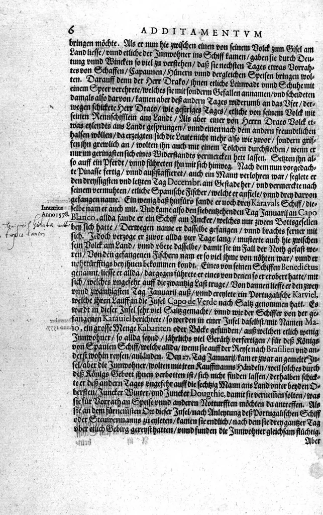 An illustration from Additamentvm; das ist, Zuthuung zweyer fürnemmer Reysen ... Herrn Francisci Draken ... in die West Indien vnd Americam gethan : neben noch etlichen Figuren ... so beydes in das siebende vnd achte Theil Americae gehören. Item, die Reyse der holländischen Armada in die Insel Gross Canarien , welche ... 1599 ... von Holland ... ausgefahren, 1600, leaf 7