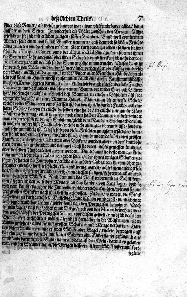 An illustration from Additamentvm; das ist, Zuthuung zweyer fürnemmer Reysen ... Herrn Francisci Draken ... in die West Indien vnd Americam gethan : neben noch etlichen Figuren ... so beydes in das siebende vnd achte Theil Americae gehören. Item, die Reyse der holländischen Armada in die Insel Gross Canarien , welche ... 1599 ... von Holland ... ausgefahren, 1600, leaf 8