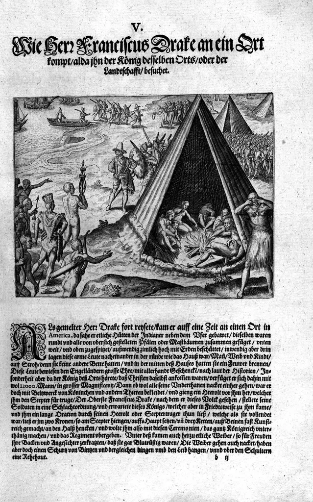 An illustration from Additamentvm; das ist, Zuthuung zweyer fürnemmer Reysen ... Herrn Francisci Draken ... in die West Indien vnd Americam gethan : neben noch etlichen Figuren ... so beydes in das siebende vnd achte Theil Americae gehören. Item, die Reyse der holländischen Armada in die Insel Gross Canarien , welche ... 1599 ... von Holland ... ausgefahren, 1600, leaf 82