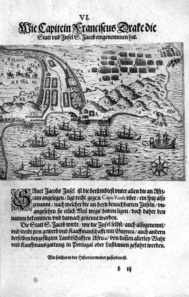 An illustration from Additamentvm; das ist, Zuthuung zweyer fürnemmer Reysen ... Herrn Francisci Draken ... in die West Indien vnd Americam gethan : neben noch etlichen Figuren ... so beydes in das siebende vnd achte Theil Americae gehören. Item, die Reyse der holländischen Armada in die Insel Gross Canarien , welche ... 1599 ... von Holland ... ausgefahren, 1600, leaf 83