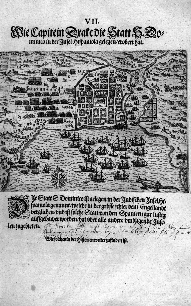 An illustration from Additamentvm; das ist, Zuthuung zweyer fürnemmer Reysen ... Herrn Francisci Draken ... in die West Indien vnd Americam gethan : neben noch etlichen Figuren ... so beydes in das siebende vnd achte Theil Americae gehören. Item, die Reyse der holländischen Armada in die Insel Gross Canarien , welche ... 1599 ... von Holland ... ausgefahren, 1600, leaf 84
