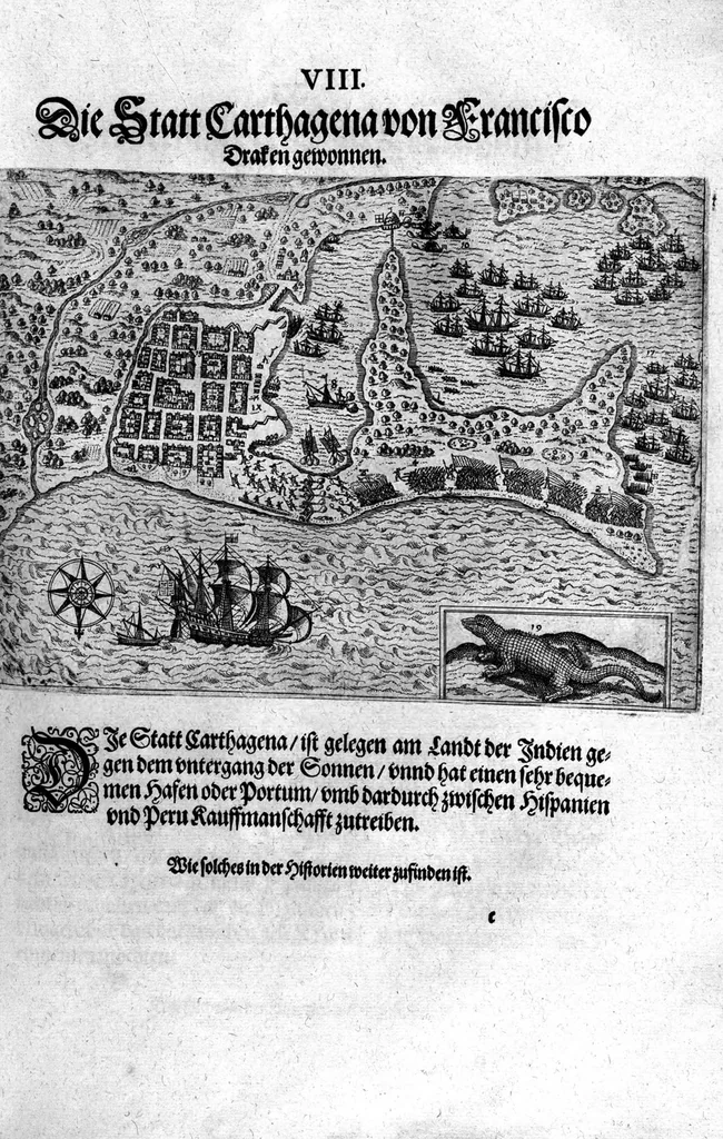 An illustration from Additamentvm; das ist, Zuthuung zweyer fürnemmer Reysen ... Herrn Francisci Draken ... in die West Indien vnd Americam gethan : neben noch etlichen Figuren ... so beydes in das siebende vnd achte Theil Americae gehören. Item, die Reyse der holländischen Armada in die Insel Gross Canarien , welche ... 1599 ... von Holland ... ausgefahren, 1600, leaf 85