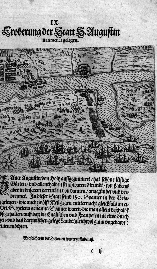 An illustration from Additamentvm; das ist, Zuthuung zweyer fürnemmer Reysen ... Herrn Francisci Draken ... in die West Indien vnd Americam gethan : neben noch etlichen Figuren ... so beydes in das siebende vnd achte Theil Americae gehören. Item, die Reyse der holländischen Armada in die Insel Gross Canarien , welche ... 1599 ... von Holland ... ausgefahren, 1600, leaf 86