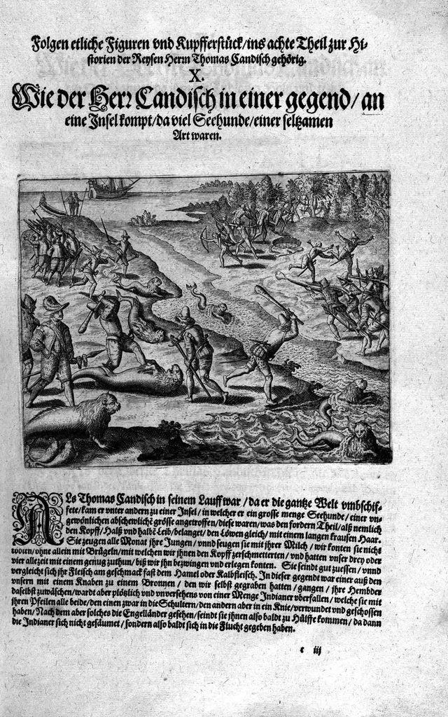 An illustration from Additamentvm; das ist, Zuthuung zweyer fürnemmer Reysen ... Herrn Francisci Draken ... in die West Indien vnd Americam gethan : neben noch etlichen Figuren ... so beydes in das siebende vnd achte Theil Americae gehören. Item, die Reyse der holländischen Armada in die Insel Gross Canarien , welche ... 1599 ... von Holland ... ausgefahren, 1600, leaf 87