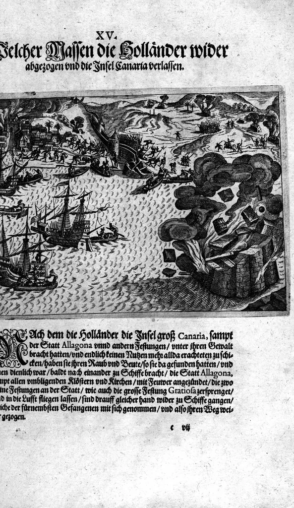 An illustration from Additamentvm; das ist, Zuthuung zweyer fürnemmer Reysen ... Herrn Francisci Draken ... in die West Indien vnd Americam gethan : neben noch etlichen Figuren ... so beydes in das siebende vnd achte Theil Americae gehören. Item, die Reyse der holländischen Armada in die Insel Gross Canarien , welche ... 1599 ... von Holland ... ausgefahren, 1600, leaf 93