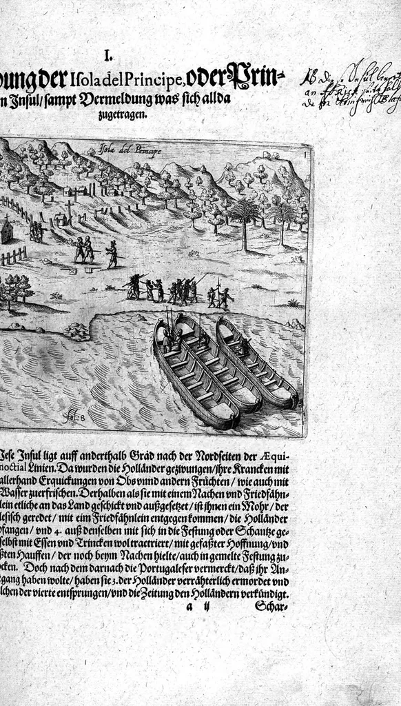 An illustration from Additamentum, oder Anhang dess neundten Theils Americae : welches ist ein warhafftige vnnd eygentliche Beschreibung der langwirigen ... Schiffahrt, so Oliuier van Noort ... durch das ... Fretum Magellanum, vmb die gantze Kugel der Welt ... gethan ... hat, 1602, leaf 108