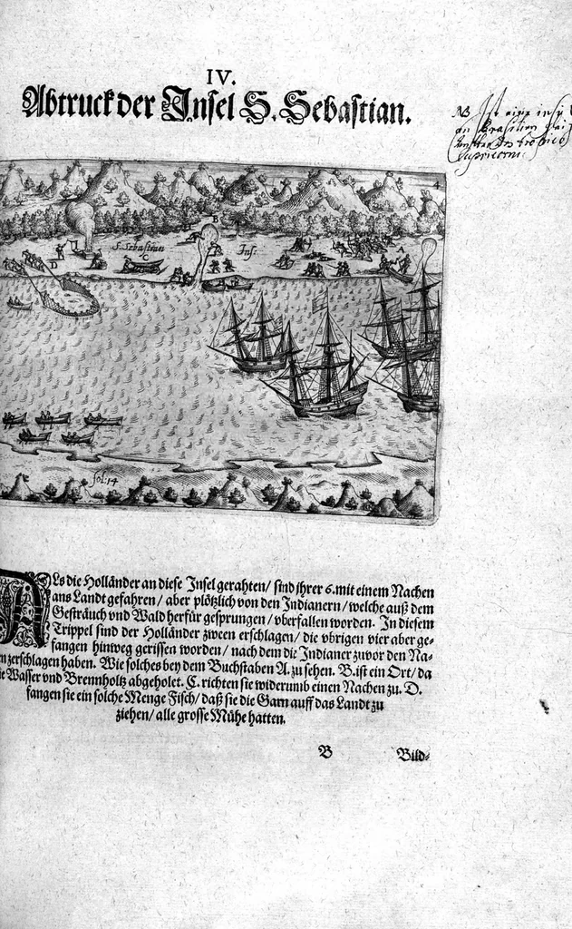 An illustration from Additamentum, oder Anhang dess neundten Theils Americae : welches ist ein warhafftige vnnd eygentliche Beschreibung der langwirigen ... Schiffahrt, so Oliuier van Noort ... durch das ... Fretum Magellanum, vmb die gantze Kugel der Welt ... gethan ... hat, 1602, leaf 111