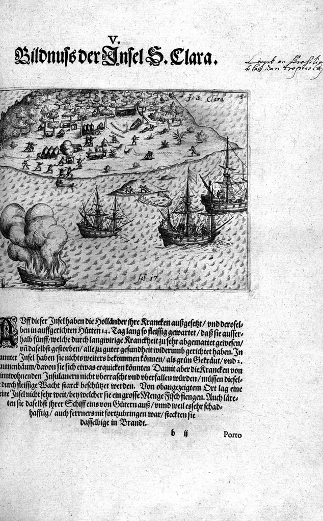 An illustration from Additamentum, oder Anhang dess neundten Theils Americae : welches ist ein warhafftige vnnd eygentliche Beschreibung der langwirigen ... Schiffahrt, so Oliuier van Noort ... durch das ... Fretum Magellanum, vmb die gantze Kugel der Welt ... gethan ... hat, 1602, leaf 112