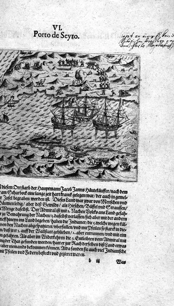 An illustration from Additamentum, oder Anhang dess neundten Theils Americae : welches ist ein warhafftige vnnd eygentliche Beschreibung der langwirigen ... Schiffahrt, so Oliuier van Noort ... durch das ... Fretum Magellanum, vmb die gantze Kugel der Welt ... gethan ... hat, 1602, leaf 113