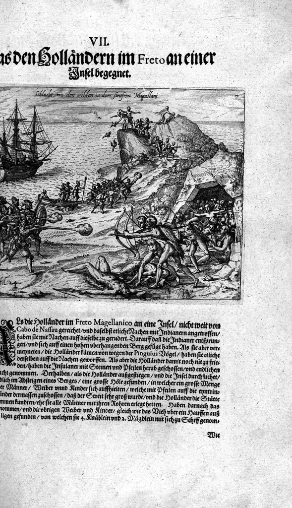 An illustration from Additamentum, oder Anhang dess neundten Theils Americae : welches ist ein warhafftige vnnd eygentliche Beschreibung der langwirigen ... Schiffahrt, so Oliuier van Noort ... durch das ... Fretum Magellanum, vmb die gantze Kugel der Welt ... gethan ... hat, 1602, leaf 114