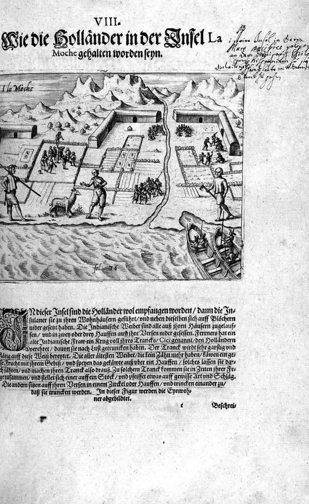 An illustration from Additamentum, oder Anhang dess neundten Theils Americae : welches ist ein warhafftige vnnd eygentliche Beschreibung der langwirigen ... Schiffahrt, so Oliuier van Noort ... durch das ... Fretum Magellanum, vmb die gantze Kugel der Welt ... gethan ... hat, 1602, leaf 115