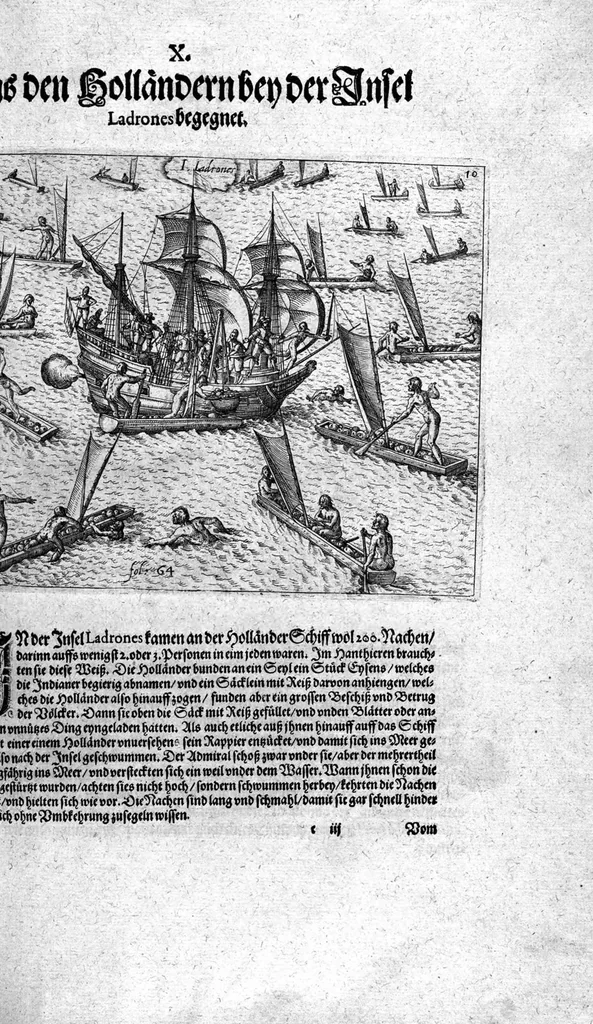 An illustration from Additamentum, oder Anhang dess neundten Theils Americae : welches ist ein warhafftige vnnd eygentliche Beschreibung der langwirigen ... Schiffahrt, so Oliuier van Noort ... durch das ... Fretum Magellanum, vmb die gantze Kugel der Welt ... gethan ... hat, 1602, leaf 117