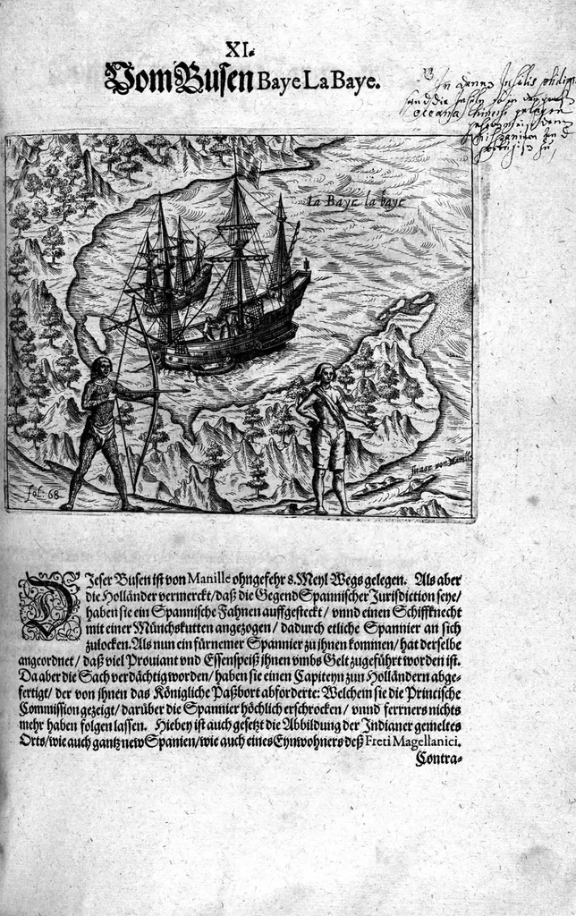 An illustration from Additamentum, oder Anhang dess neundten Theils Americae : welches ist ein warhafftige vnnd eygentliche Beschreibung der langwirigen ... Schiffahrt, so Oliuier van Noort ... durch das ... Fretum Magellanum, vmb die gantze Kugel der Welt ... gethan ... hat, 1602, leaf 118