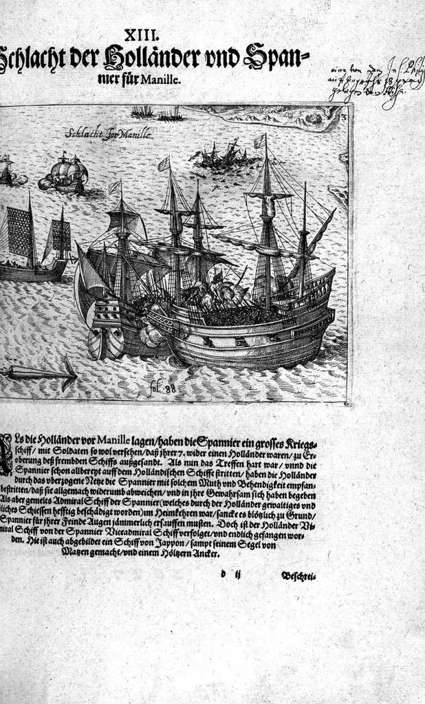An illustration from Additamentum, oder Anhang dess neundten Theils Americae : welches ist ein warhafftige vnnd eygentliche Beschreibung der langwirigen ... Schiffahrt, so Oliuier van Noort ... durch das ... Fretum Magellanum, vmb die gantze Kugel der Welt ... gethan ... hat, 1602, leaf 120