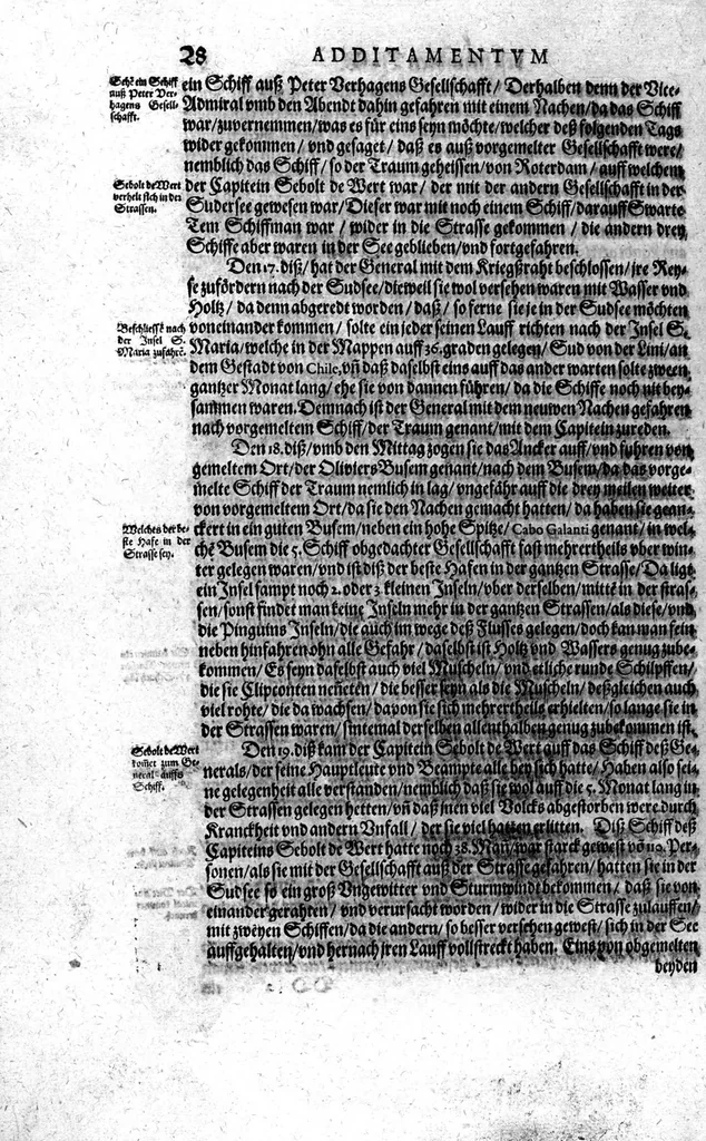 An illustration from Additamentum, oder Anhang dess neundten Theils Americae : welches ist ein warhafftige vnnd eygentliche Beschreibung der langwirigen ... Schiffahrt, so Oliuier van Noort ... durch das ... Fretum Magellanum, vmb die gantze Kugel der Welt ... gethan ... hat, 1602, leaf 29