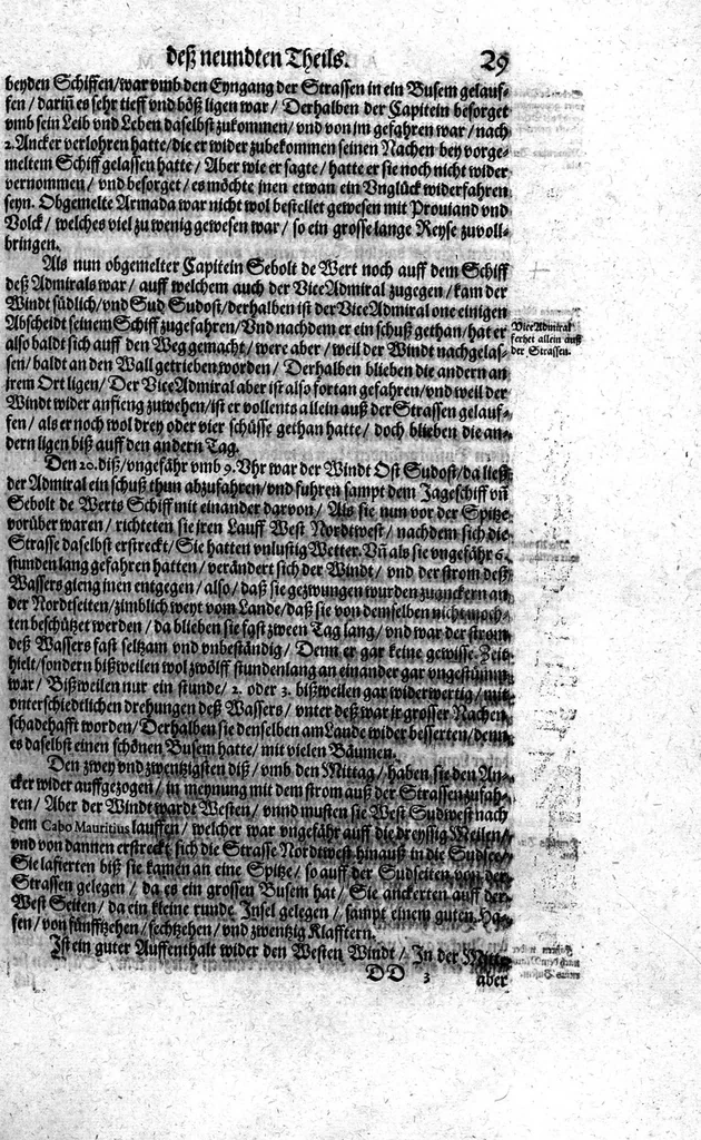 An illustration from Additamentum, oder Anhang dess neundten Theils Americae : welches ist ein warhafftige vnnd eygentliche Beschreibung der langwirigen ... Schiffahrt, so Oliuier van Noort ... durch das ... Fretum Magellanum, vmb die gantze Kugel der Welt ... gethan ... hat, 1602, leaf 30
