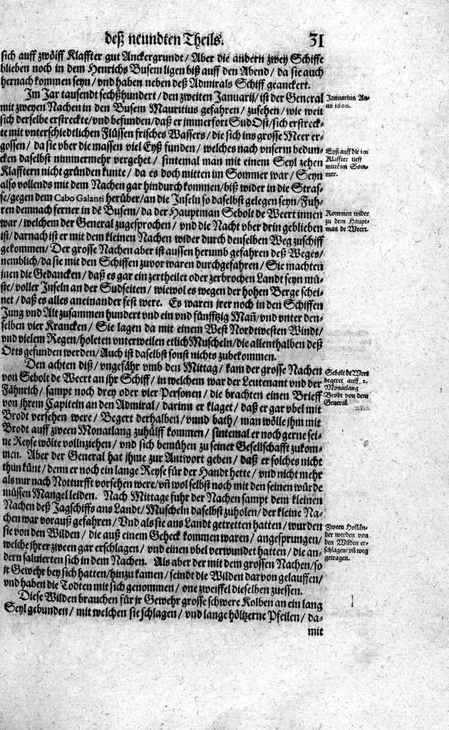 An illustration from Additamentum, oder Anhang dess neundten Theils Americae : welches ist ein warhafftige vnnd eygentliche Beschreibung der langwirigen ... Schiffahrt, so Oliuier van Noort ... durch das ... Fretum Magellanum, vmb die gantze Kugel der Welt ... gethan ... hat, 1602, leaf 32