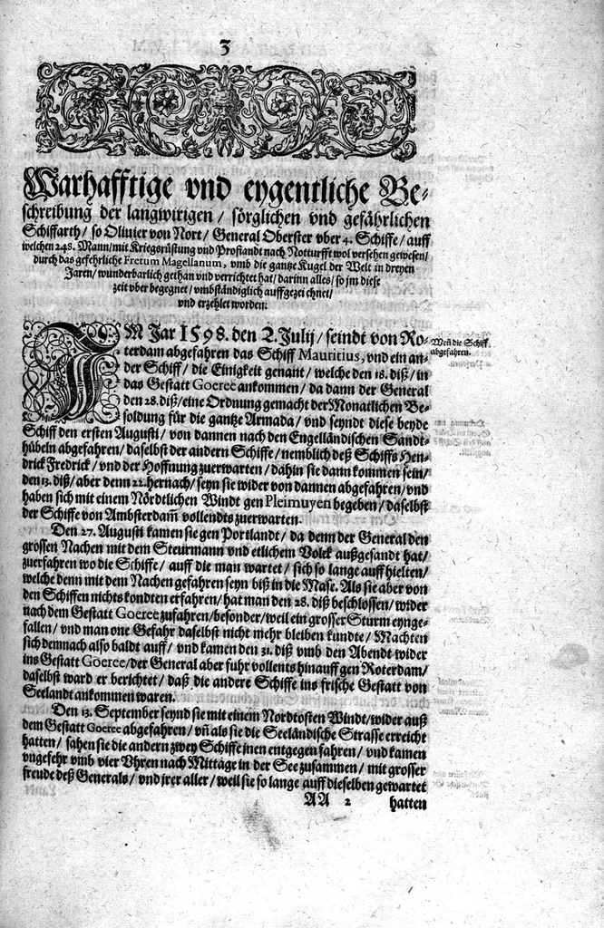 An illustration from Additamentum, oder Anhang dess neundten Theils Americae : welches ist ein warhafftige vnnd eygentliche Beschreibung der langwirigen ... Schiffahrt, so Oliuier van Noort ... durch das ... Fretum Magellanum, vmb die gantze Kugel der Welt ... gethan ... hat, 1602, leaf 4