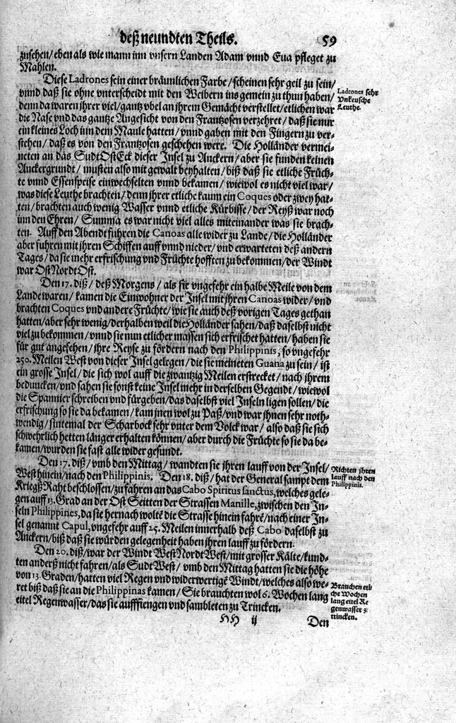 An illustration from Additamentum, oder Anhang dess neundten Theils Americae : welches ist ein warhafftige vnnd eygentliche Beschreibung der langwirigen ... Schiffahrt, so Oliuier van Noort ... durch das ... Fretum Magellanum, vmb die gantze Kugel der Welt ... gethan ... hat, 1602, leaf 60