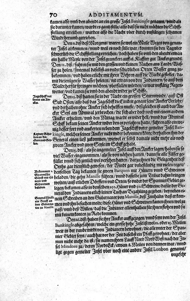 An illustration from Additamentum, oder Anhang dess neundten Theils Americae : welches ist ein warhafftige vnnd eygentliche Beschreibung der langwirigen ... Schiffahrt, so Oliuier van Noort ... durch das ... Fretum Magellanum, vmb die gantze Kugel der Welt ... gethan ... hat, 1602, leaf 71