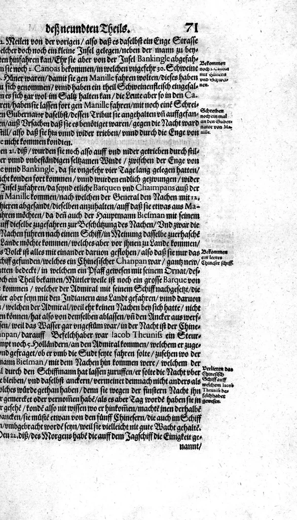 An illustration from Additamentum, oder Anhang dess neundten Theils Americae : welches ist ein warhafftige vnnd eygentliche Beschreibung der langwirigen ... Schiffahrt, so Oliuier van Noort ... durch das ... Fretum Magellanum, vmb die gantze Kugel der Welt ... gethan ... hat, 1602, leaf 72