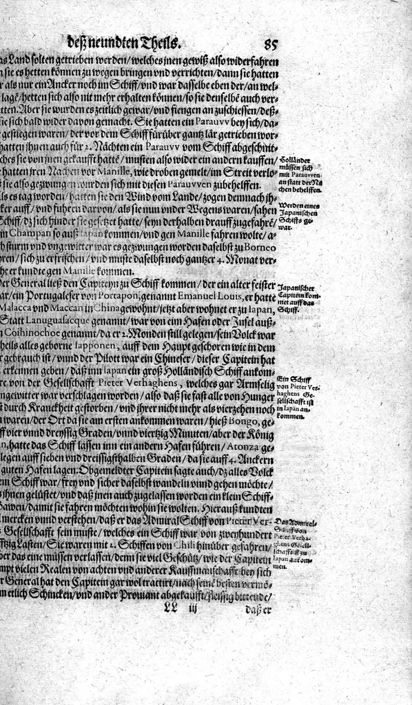 An illustration from Additamentum, oder Anhang dess neundten Theils Americae : welches ist ein warhafftige vnnd eygentliche Beschreibung der langwirigen ... Schiffahrt, so Oliuier van Noort ... durch das ... Fretum Magellanum, vmb die gantze Kugel der Welt ... gethan ... hat, 1602, leaf 86