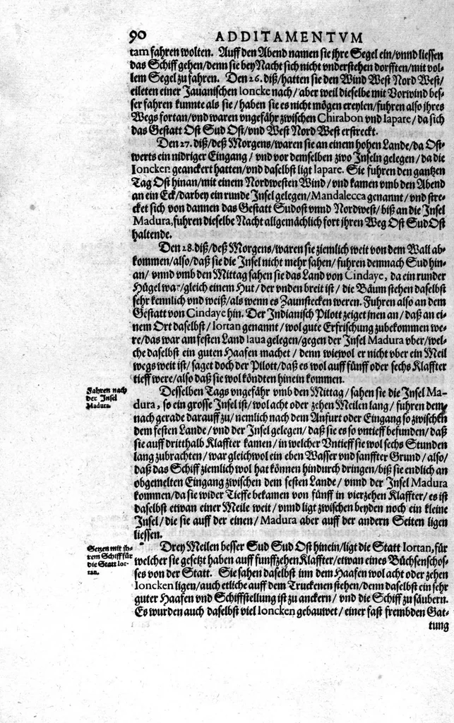 An illustration from Additamentum, oder Anhang dess neundten Theils Americae : welches ist ein warhafftige vnnd eygentliche Beschreibung der langwirigen ... Schiffahrt, so Oliuier van Noort ... durch das ... Fretum Magellanum, vmb die gantze Kugel der Welt ... gethan ... hat, 1602, leaf 91