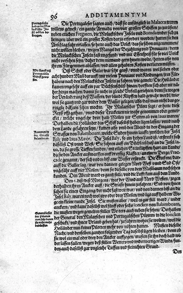 An illustration from Additamentum, oder Anhang dess neundten Theils Americae : welches ist ein warhafftige vnnd eygentliche Beschreibung der langwirigen ... Schiffahrt, so Oliuier van Noort ... durch das ... Fretum Magellanum, vmb die gantze Kugel der Welt ... gethan ... hat, 1602, leaf 97