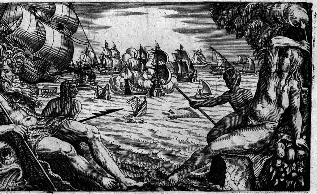 An illustration from Appendix dess eilfften Theils Americae, das ist: Warhafftige Beschreibung der wunderbahren Schifffahrt : so Georgius von Spielbergen ... durch die Magellanische Strasse, vnd in der Suder See, vom Iahr 1614 biss in das 1618. Iahr verrichtet, 1620, leaf 2