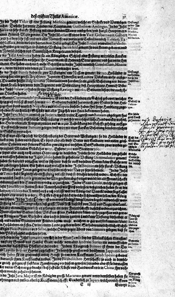 An illustration from Appendix dess eilfften Theils Americae, das ist: Warhafftige Beschreibung der wunderbahren Schifffahrt : so Georgius von Spielbergen ... durch die Magellanische Strasse, vnd in der Suder See, vom Iahr 1614 biss in das 1618. Iahr verrichtet, 1620, leaf 40
