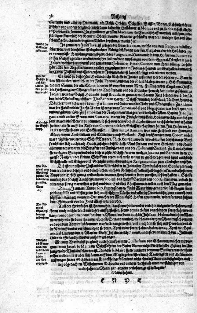 An illustration from Appendix dess eilfften Theils Americae, das ist: Warhafftige Beschreibung der wunderbahren Schifffahrt : so Georgius von Spielbergen ... durch die Magellanische Strasse, vnd in der Suder See, vom Iahr 1614 biss in das 1618. Iahr verrichtet, 1620, leaf 41