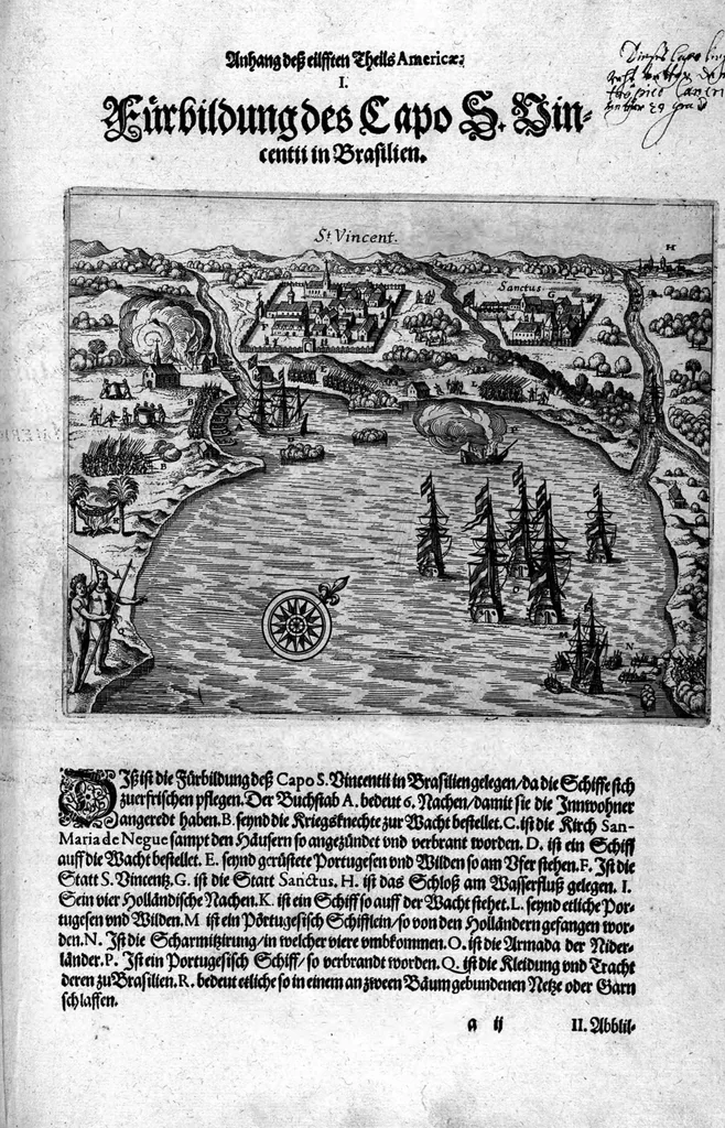 An illustration from Appendix dess eilfften Theils Americae, das ist: Warhafftige Beschreibung der wunderbahren Schifffahrt : so Georgius von Spielbergen ... durch die Magellanische Strasse, vnd in der Suder See, vom Iahr 1614 biss in das 1618. Iahr verrichtet, 1620, leaf 44