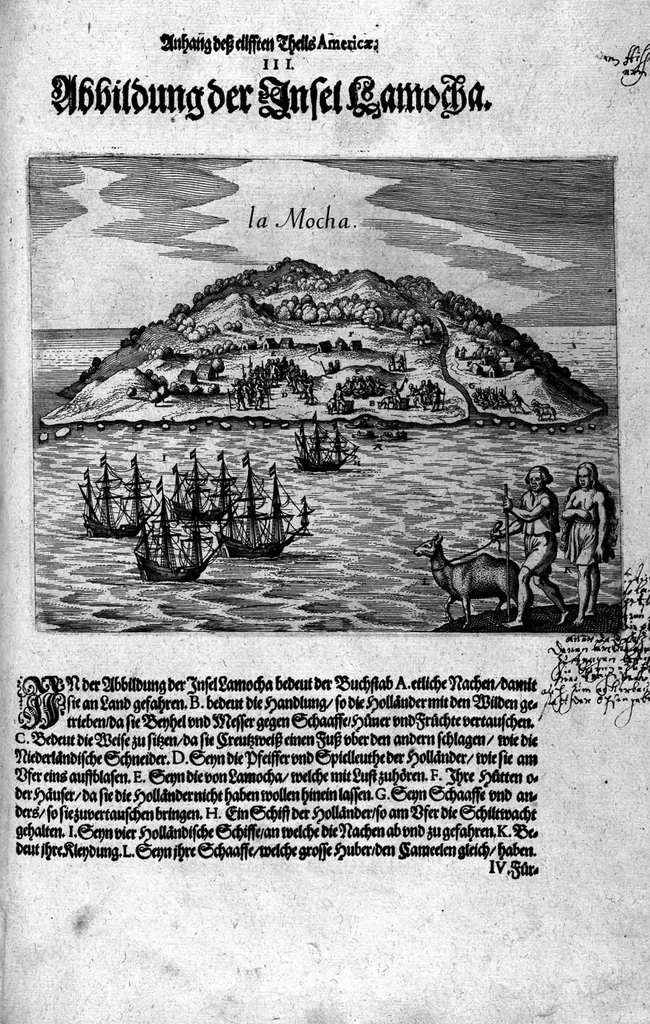An illustration from Appendix dess eilfften Theils Americae, das ist: Warhafftige Beschreibung der wunderbahren Schifffahrt : so Georgius von Spielbergen ... durch die Magellanische Strasse, vnd in der Suder See, vom Iahr 1614 biss in das 1618. Iahr verrichtet, 1620, leaf 47