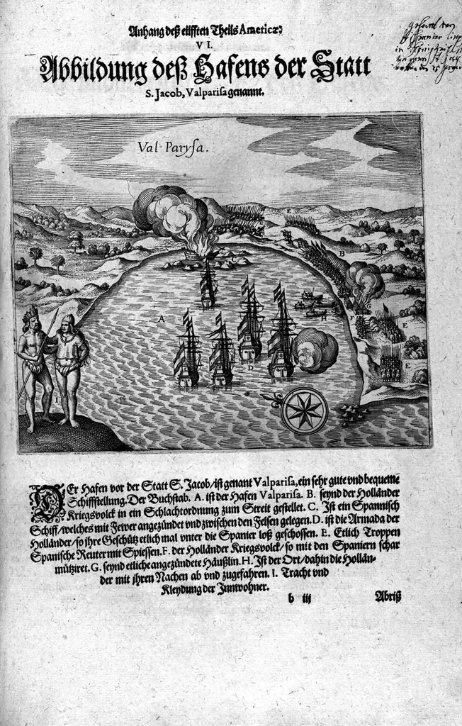 An illustration from Appendix dess eilfften Theils Americae, das ist: Warhafftige Beschreibung der wunderbahren Schifffahrt : so Georgius von Spielbergen ... durch die Magellanische Strasse, vnd in der Suder See, vom Iahr 1614 biss in das 1618. Iahr verrichtet, 1620, leaf 50