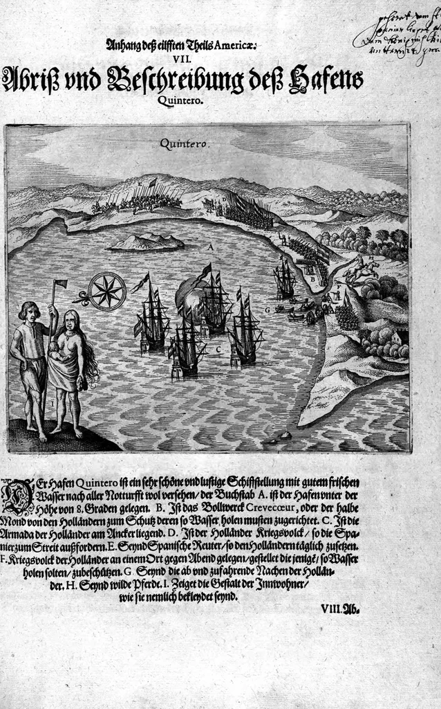 An illustration from Appendix dess eilfften Theils Americae, das ist: Warhafftige Beschreibung der wunderbahren Schifffahrt : so Georgius von Spielbergen ... durch die Magellanische Strasse, vnd in der Suder See, vom Iahr 1614 biss in das 1618. Iahr verrichtet, 1620, leaf 51