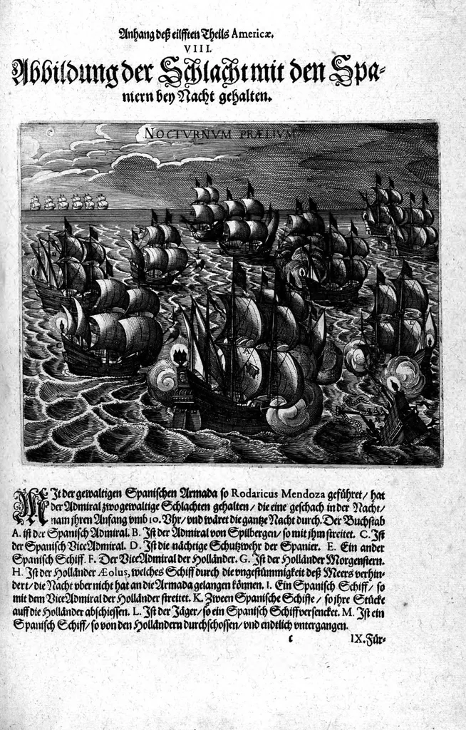 An illustration from Appendix dess eilfften Theils Americae, das ist: Warhafftige Beschreibung der wunderbahren Schifffahrt : so Georgius von Spielbergen ... durch die Magellanische Strasse, vnd in der Suder See, vom Iahr 1614 biss in das 1618. Iahr verrichtet, 1620, leaf 52
