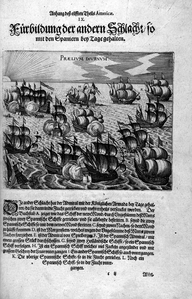 An illustration from Appendix dess eilfften Theils Americae, das ist: Warhafftige Beschreibung der wunderbahren Schifffahrt : so Georgius von Spielbergen ... durch die Magellanische Strasse, vnd in der Suder See, vom Iahr 1614 biss in das 1618. Iahr verrichtet, 1620, leaf 53