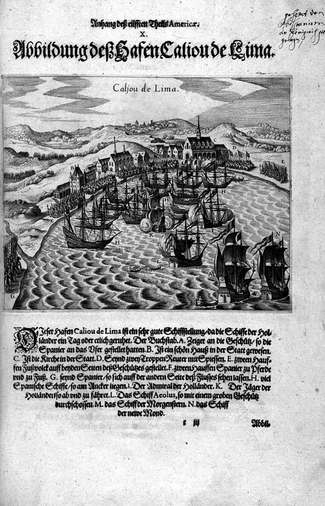An illustration from Appendix dess eilfften Theils Americae, das ist: Warhafftige Beschreibung der wunderbahren Schifffahrt : so Georgius von Spielbergen ... durch die Magellanische Strasse, vnd in der Suder See, vom Iahr 1614 biss in das 1618. Iahr verrichtet, 1620, leaf 54
