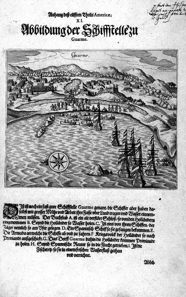 An illustration from Appendix dess eilfften Theils Americae, das ist: Warhafftige Beschreibung der wunderbahren Schifffahrt : so Georgius von Spielbergen ... durch die Magellanische Strasse, vnd in der Suder See, vom Iahr 1614 biss in das 1618. Iahr verrichtet, 1620, leaf 55