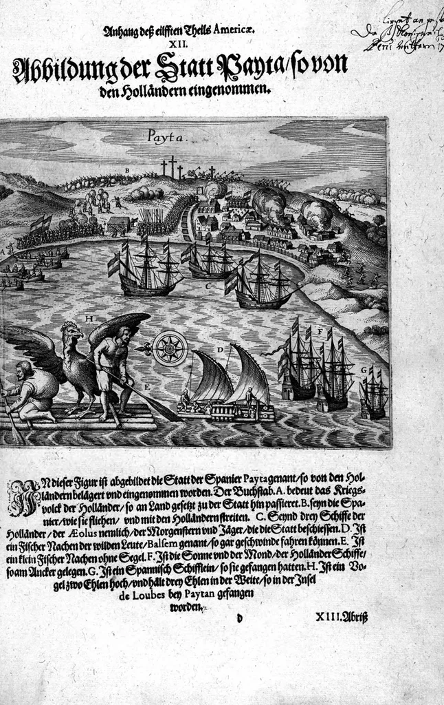 An illustration from Appendix dess eilfften Theils Americae, das ist: Warhafftige Beschreibung der wunderbahren Schifffahrt : so Georgius von Spielbergen ... durch die Magellanische Strasse, vnd in der Suder See, vom Iahr 1614 biss in das 1618. Iahr verrichtet, 1620, leaf 56