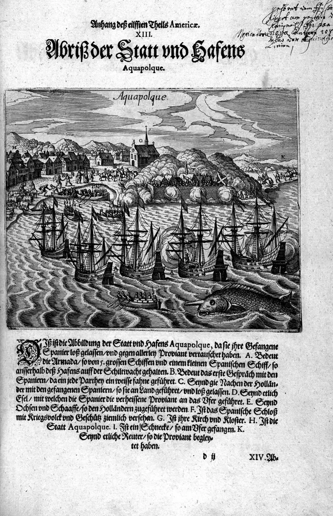 An illustration from Appendix dess eilfften Theils Americae, das ist: Warhafftige Beschreibung der wunderbahren Schifffahrt : so Georgius von Spielbergen ... durch die Magellanische Strasse, vnd in der Suder See, vom Iahr 1614 biss in das 1618. Iahr verrichtet, 1620, leaf 57