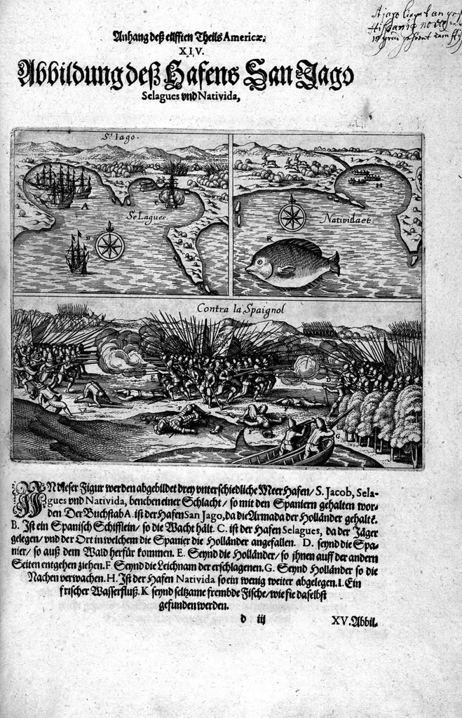 An illustration from Appendix dess eilfften Theils Americae, das ist: Warhafftige Beschreibung der wunderbahren Schifffahrt : so Georgius von Spielbergen ... durch die Magellanische Strasse, vnd in der Suder See, vom Iahr 1614 biss in das 1618. Iahr verrichtet, 1620, leaf 58