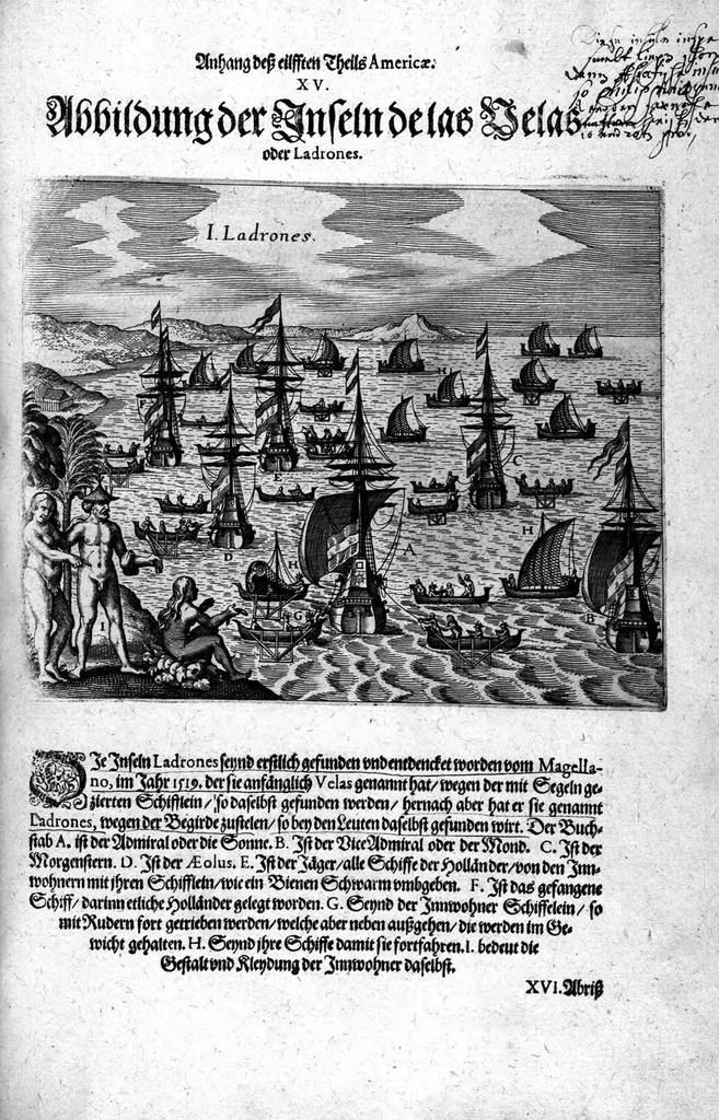 An illustration from Appendix dess eilfften Theils Americae, das ist: Warhafftige Beschreibung der wunderbahren Schifffahrt : so Georgius von Spielbergen ... durch die Magellanische Strasse, vnd in der Suder See, vom Iahr 1614 biss in das 1618. Iahr verrichtet, 1620, leaf 59