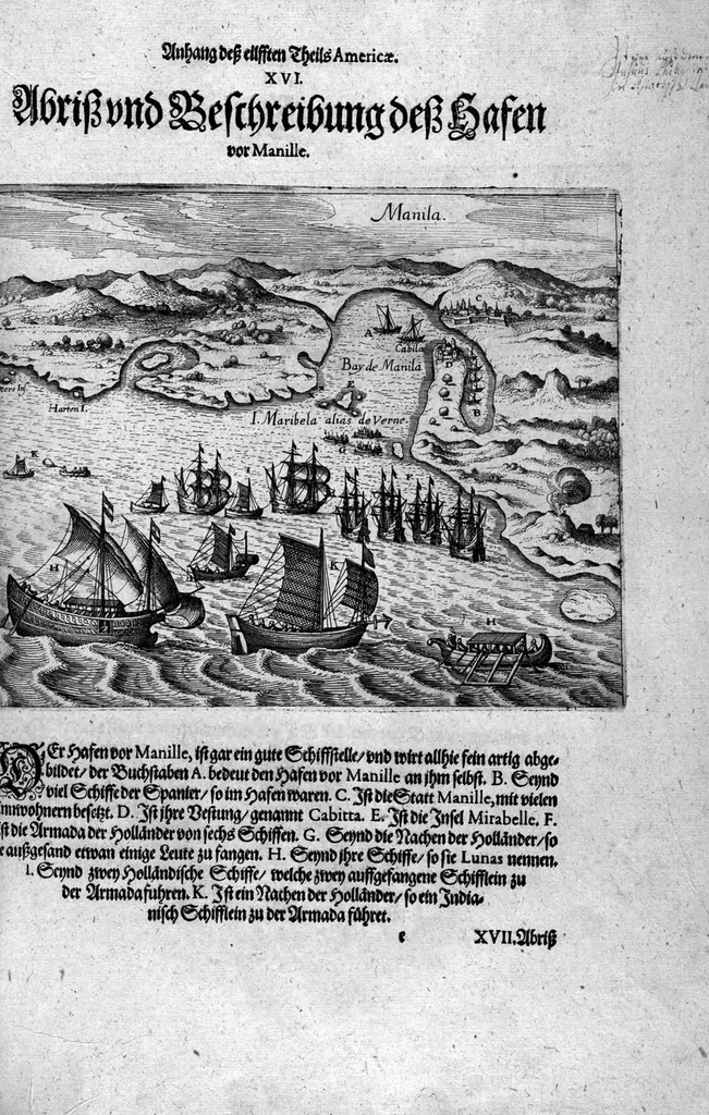 An illustration from Appendix dess eilfften Theils Americae, das ist: Warhafftige Beschreibung der wunderbahren Schifffahrt : so Georgius von Spielbergen ... durch die Magellanische Strasse, vnd in der Suder See, vom Iahr 1614 biss in das 1618. Iahr verrichtet, 1620, leaf 60
