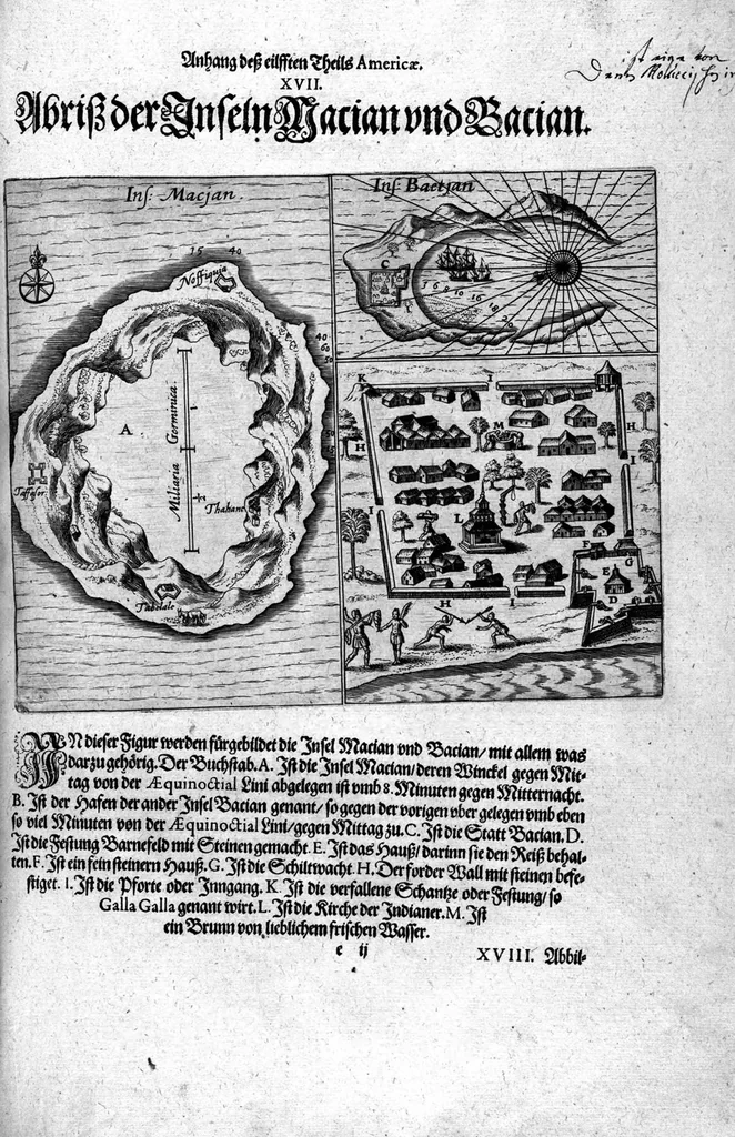 An illustration from Appendix dess eilfften Theils Americae, das ist: Warhafftige Beschreibung der wunderbahren Schifffahrt : so Georgius von Spielbergen ... durch die Magellanische Strasse, vnd in der Suder See, vom Iahr 1614 biss in das 1618. Iahr verrichtet, 1620, leaf 61