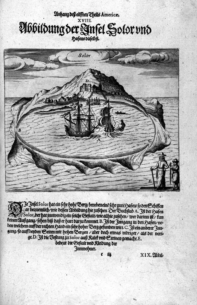 An illustration from Appendix dess eilfften Theils Americae, das ist: Warhafftige Beschreibung der wunderbahren Schifffahrt : so Georgius von Spielbergen ... durch die Magellanische Strasse, vnd in der Suder See, vom Iahr 1614 biss in das 1618. Iahr verrichtet, 1620, leaf 62